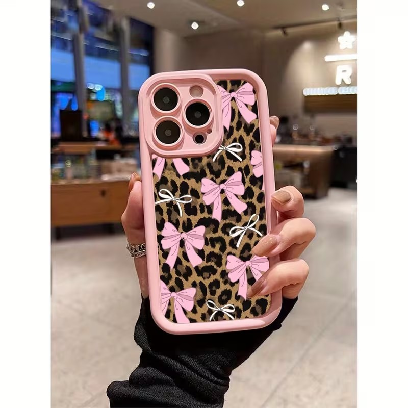 Apple Iphone 16 - غطاء هاتف بنقشة الفهد مع فيونكة